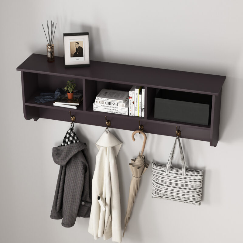 White Entryway Wall Mounted Coat Rack with 4 Dual Hooks Living Room Wooden Storage Shelf - Image 13