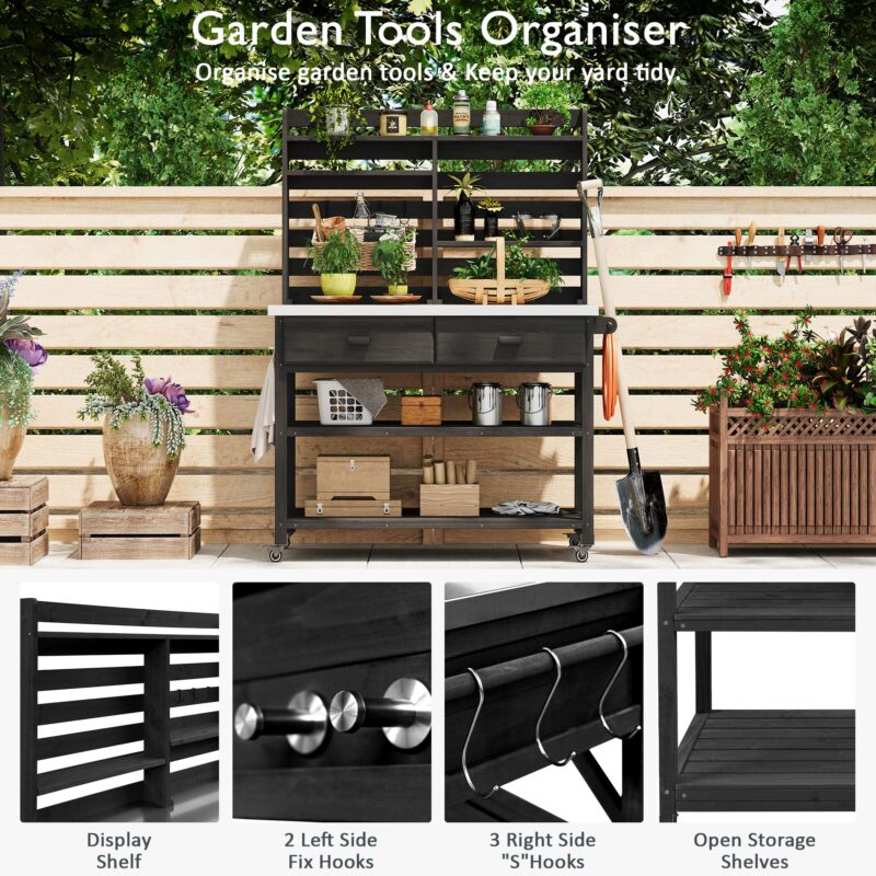K&K 64.9"H Outdoor Potting Bench Table with Lockable Wheels, Solid Wood Outdoor Kitchen Island with Upper Hutch, Stainless Steel Top, Towel Rack ,Outdoor Storage for Grilling, Lawn Garden -Grey Blue - Image 27