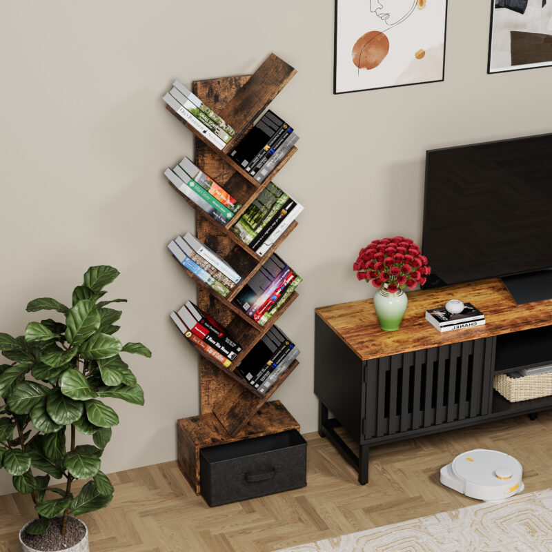 9 Tier Tree Bookshelf with Drawer Bookcase, Modern Book Storage, Free Standing Tree Bookcase, Utility Organizer Shelves for Home Office, Living Room, Bedroom, Rustic Brown - Image 3