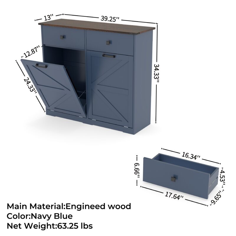 Farmhouse Double Tilt Out Trash Cabinet for 20 Gallon Trash Cans, Free Standing Recycling Cabinet with Hideaway Drawer, Barn Door Style Laundry Sorter Cabinet, Tilt Out Trash Cabinet for Kitchen - Image 25