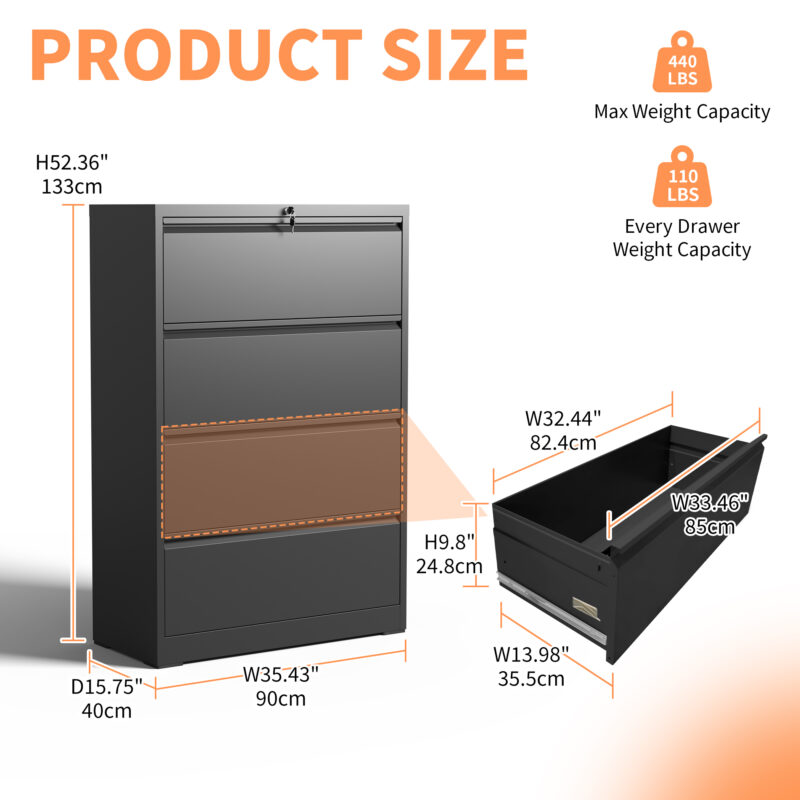 4 Drawer Lateral File Cabinet, Heavy Duty Metal Filing Cabinet, 35.4 Inch Wide Locking File Cabinet for Home Office, Space-Saving Vertical Storage with Anti-Tip Interlock, for Letter/Legal/A4 Files - Image 5
