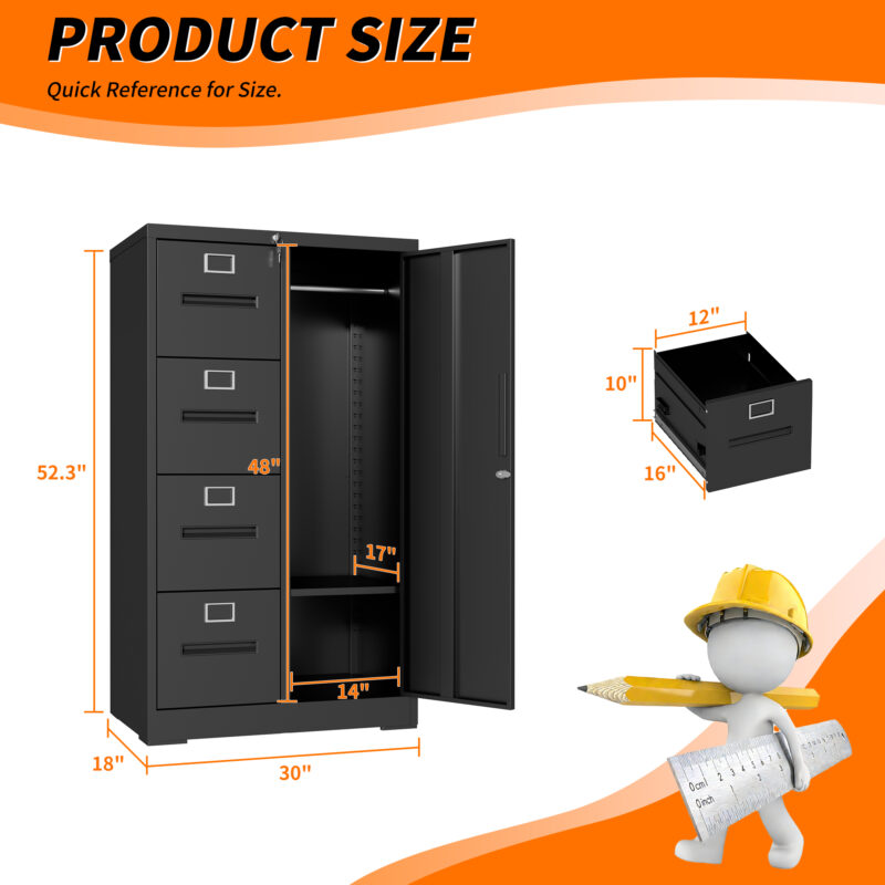 Metal Storage Vertical Filing Cabinet with Lock, Steel File Locker with 4 Drawers and 1 door for School, Living Room, Bedroom, Office (Black) - Image 10
