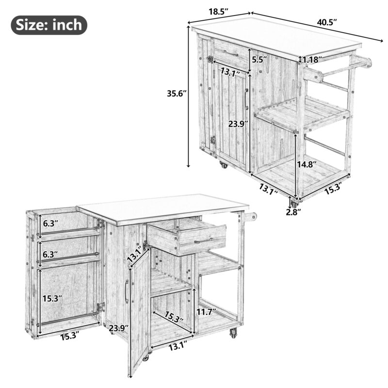 Outdoor Kitchen Island Fir Wood Prep Station Lockable Kitchen Cart with Stainless Top, Ample Storage Space, Towel and Spice Racks for Patio and Outdoor - Image 7