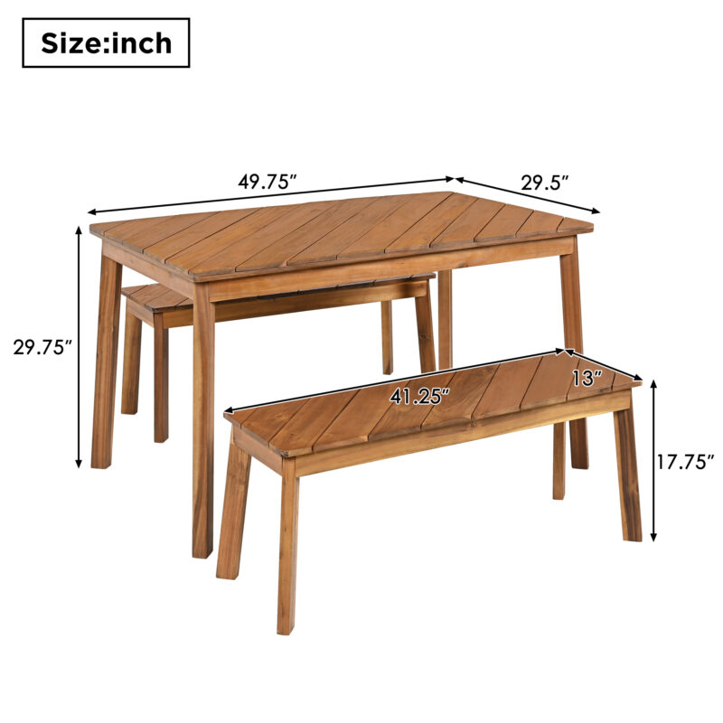 GO 3 Pieces Acacia Wood Table Bench Dining Set For Outdoor & Indoor Furniture With 2 Benches, Picnic Beer Table for Patio, Porch, Garden, Poolside, Natural - Image 2