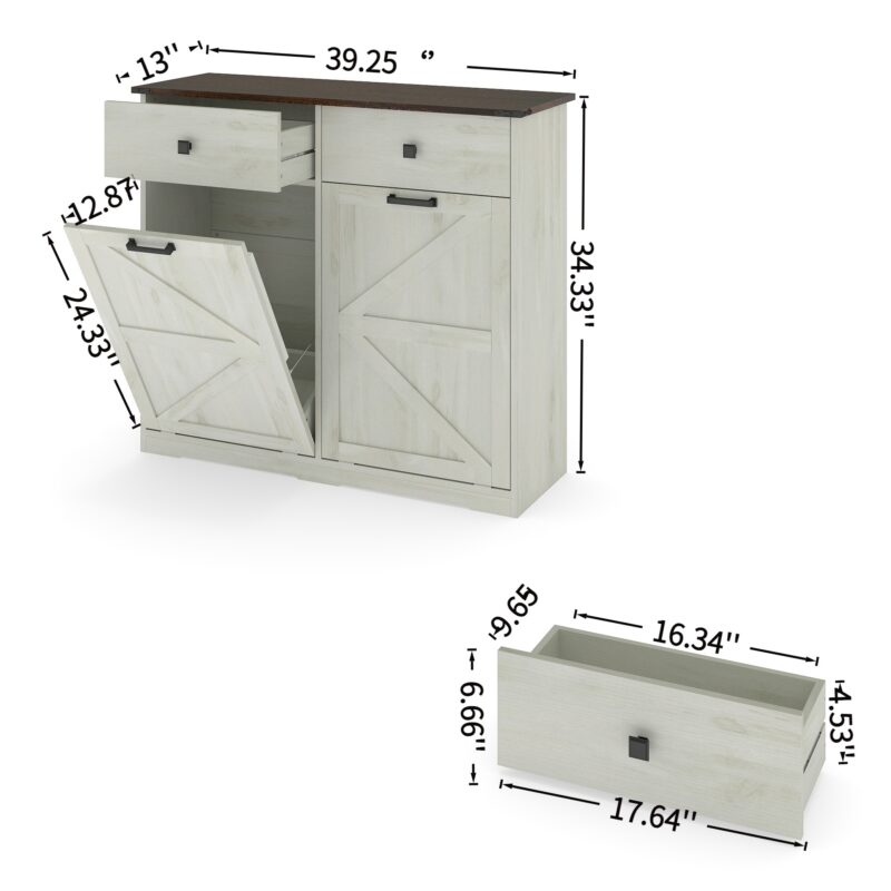Farmhouse Double Tilt Out Trash Cabinet for 20 Gallon Trash Cans, Free Standing Recycling Cabinet with Hideaway Drawer, Barn Door Style Laundry Sorter Cabinet, Tilt Out Trash Cabinet for Kitchen - Image 6