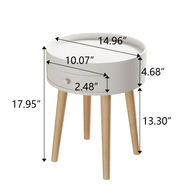 18"H Nightstand with Storage Drawer & Oak Legs Bedside Table, Sofa Side Coffee Table for Bedroom, Living Room, White - Image 6