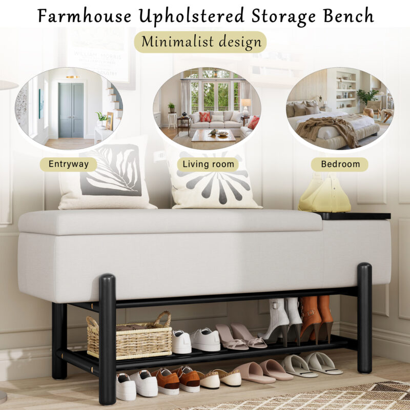 TREXM Farmhouse Upholstered Storage Bench with Hidden Compartment, Modern Entryway Bench for Living Room, Entryway, and Hallways - Image 14