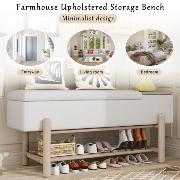 TREXM Farmhouse Upholstered Storage Bench with Hidden Compartment, Modern Entryway Bench for Living Room, Entryway, and Hallways