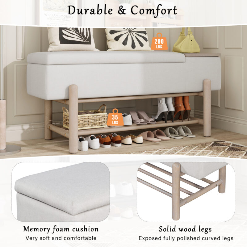 TREXM Farmhouse Upholstered Storage Bench with Hidden Compartment, Modern Entryway Bench for Living Room, Entryway, and Hallways - Image 2