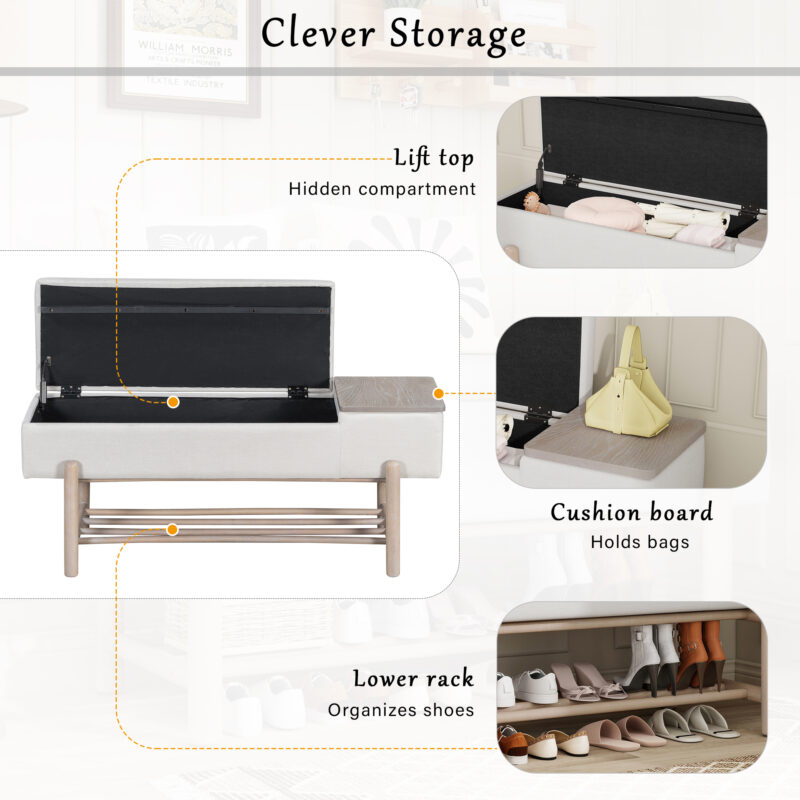 TREXM Farmhouse Upholstered Storage Bench with Hidden Compartment, Modern Entryway Bench for Living Room, Entryway, and Hallways - Image 3