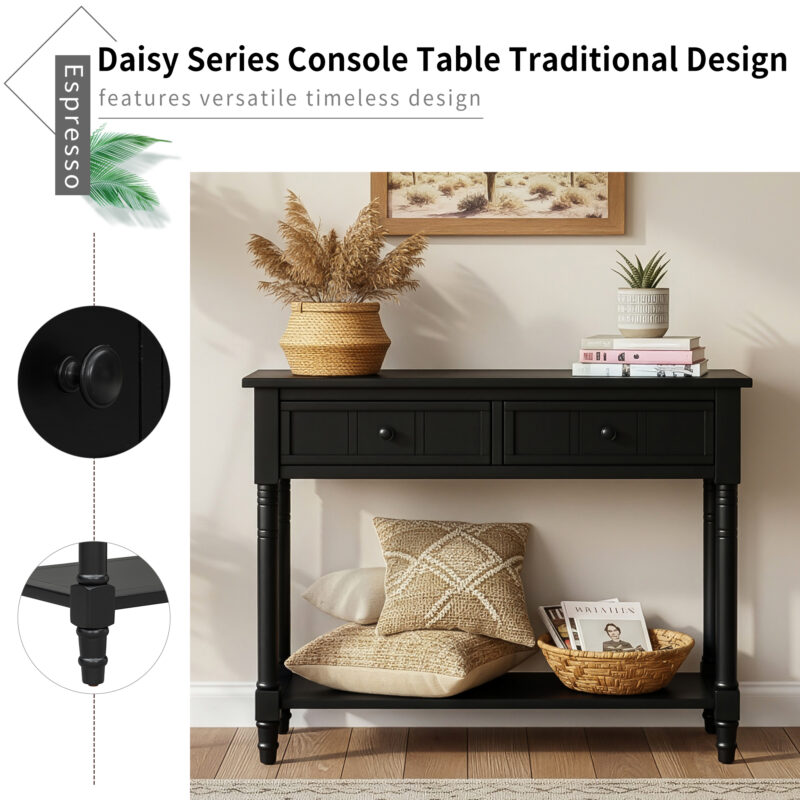 TREXM Daisy Series Console Table Traditional Design with Two Drawers and Bottom Shelf (Black) - Image 6