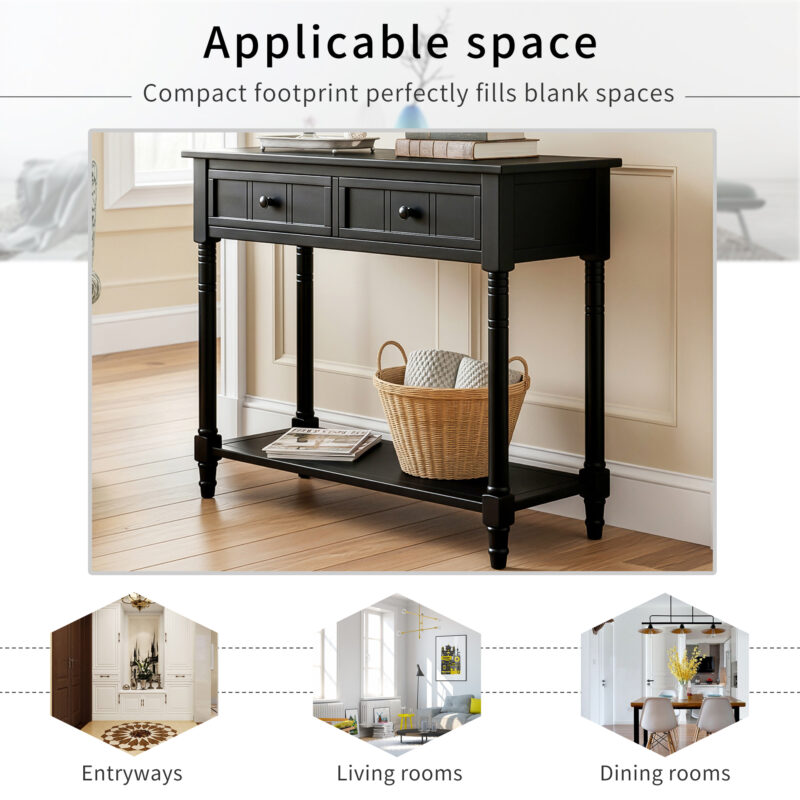 TREXM Daisy Series Console Table Traditional Design with Two Drawers and Bottom Shelf (Black) - Image 3