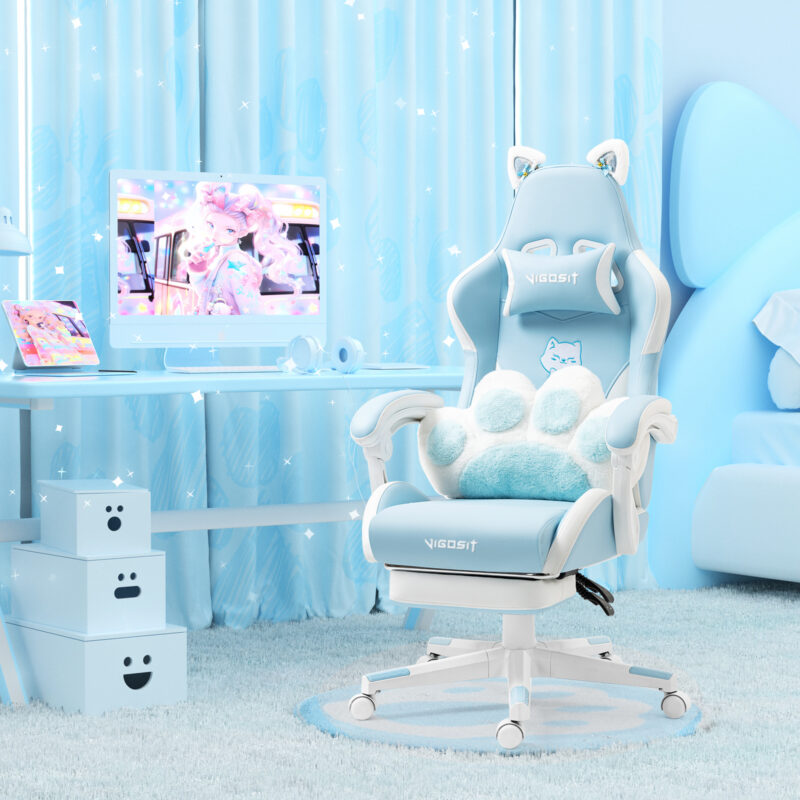 Cat Ears Pink Gaming Chair - Pink PU Leather Ergonomic Reclining Office Chair with Footrest, 310lb Capacity, 6-Position Recline, 360° Swivel - Image 11