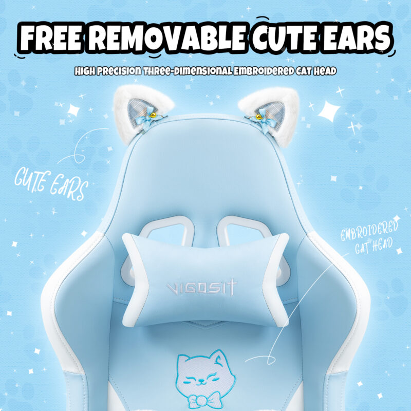 Cat Ears Pink Gaming Chair - Pink PU Leather Ergonomic Reclining Office Chair with Footrest, 310lb Capacity, 6-Position Recline, 360° Swivel - Image 10