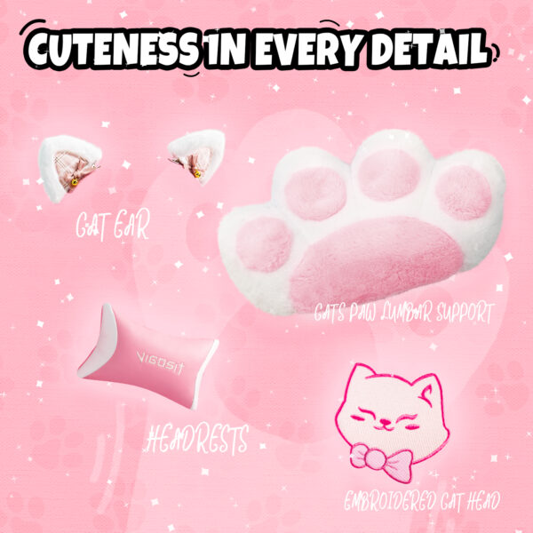 Cat Ears Pink Gaming Chair - Pink PU Leather Ergonomic Reclining Office Chair with Footrest, 310lb Capacity, 6-Position Recline, 360° Swivel