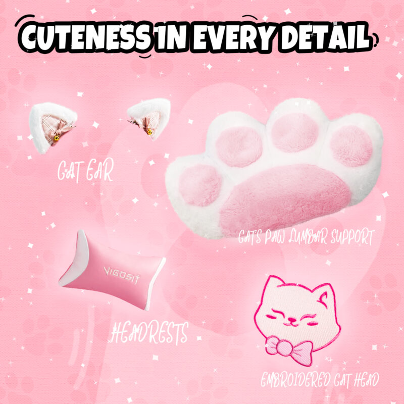 Cat Ears Pink Gaming Chair - Pink PU Leather Ergonomic Reclining Office Chair with Footrest, 310lb Capacity, 6-Position Recline, 360° Swivel - Image 3