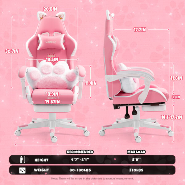 Cat Ears Pink Gaming Chair - Pink PU Leather Ergonomic Reclining Office Chair with Footrest, 310lb Capacity, 6-Position Recline, 360° Swivel