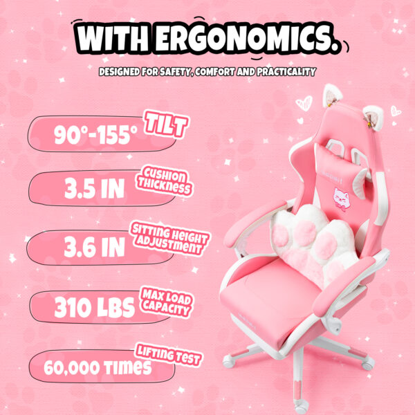 Cat Ears Pink Gaming Chair - Pink PU Leather Ergonomic Reclining Office Chair with Footrest, 310lb Capacity, 6-Position Recline, 360° Swivel