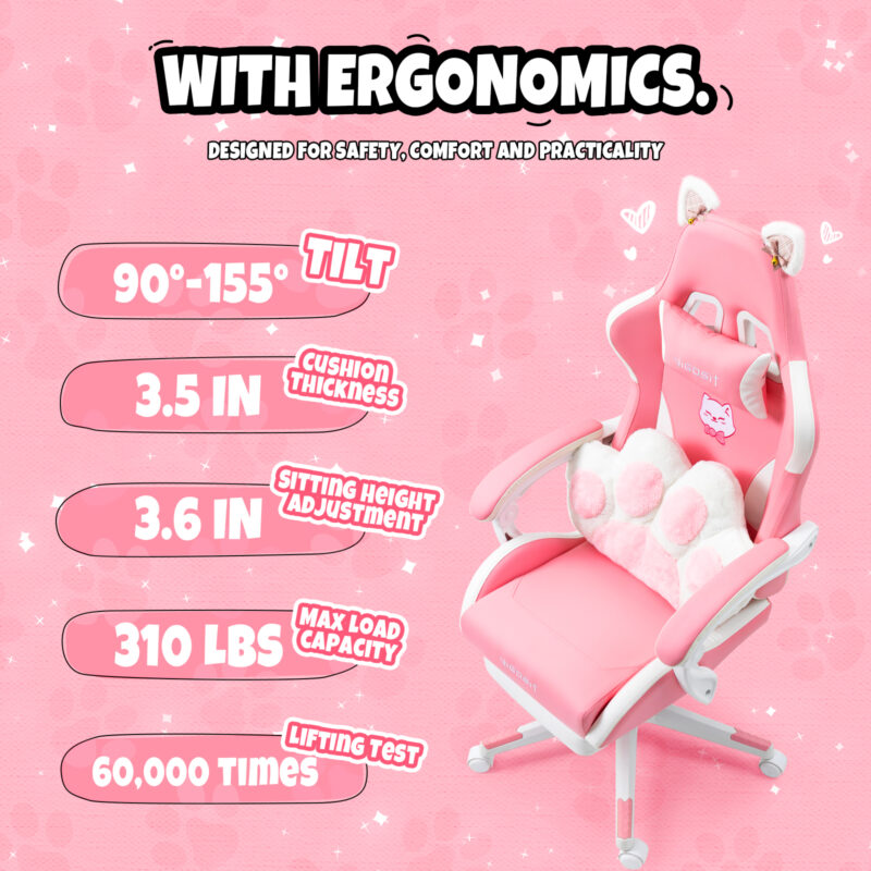 Cat Ears Pink Gaming Chair - Pink PU Leather Ergonomic Reclining Office Chair with Footrest, 310lb Capacity, 6-Position Recline, 360° Swivel - Image 4