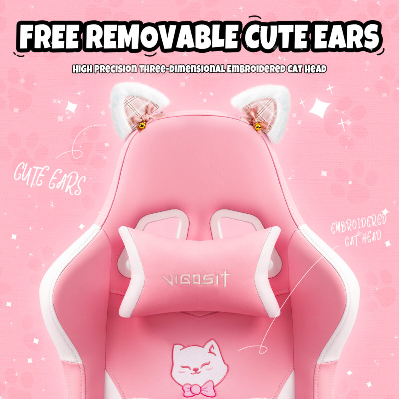 Cat Ears Pink Gaming Chair - Pink PU Leather Ergonomic Reclining Office Chair with Footrest, 310lb Capacity, 6-Position Recline, 360° Swivel - Image 6