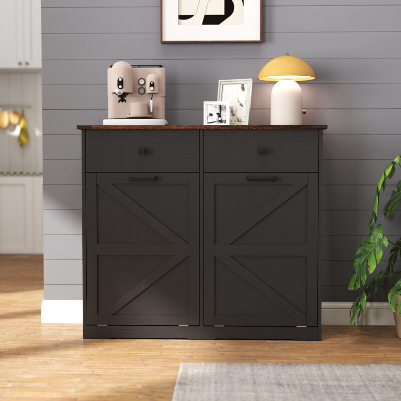 Farmhouse Double Tilt Out Trash Cabinet for 20 Gallon Trash Cans, Free Standing Recycling Cabinet with Hideaway Drawer, Barn Door Style Laundry Sorter Cabinet, Tilt Out Trash Cabinet for Kitchen - Image 14