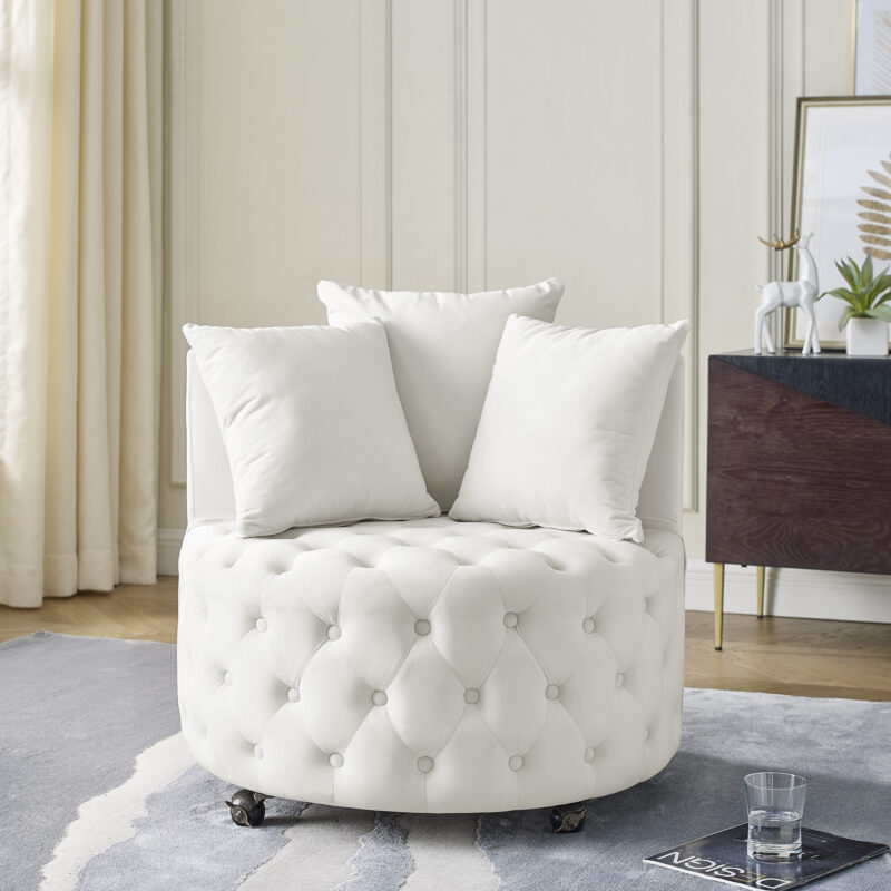 Velvet Upholstered Swivel Chair for Living Room, with Button Tufted Design and Movable Wheels, Including 3 Pillows - Image 3