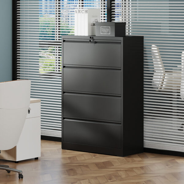 4 Drawer Lateral File Cabinet, Heavy Duty Metal Filing Cabinet, 35.4 Inch Wide Locking File Cabinet for Home Office, Space-Saving Vertical Storage with Anti-Tip Interlock, for Letter/Legal/A4 Files