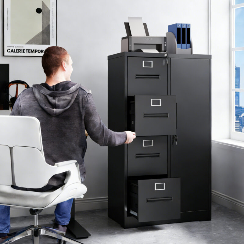 Metal Storage Vertical Filing Cabinet with Lock, Steel File Locker with 4 Drawers and 1 door for School, Living Room, Bedroom, Office (Black) - Image 9