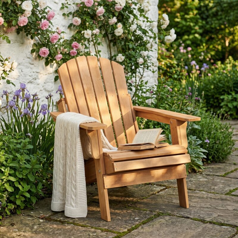 Oversize Wooden Outdoor Folding Adirondack Chair with Pre-Assembled BackRest & SeatBoard, Wood Patio Chair for Garden Backyard Porch Pool Deck Firepit - Image 11