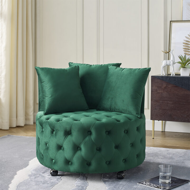 Velvet Upholstered Swivel Chair for Living Room, with Button Tufted Design and Movable Wheels, Including 3 Pillows - Image 6