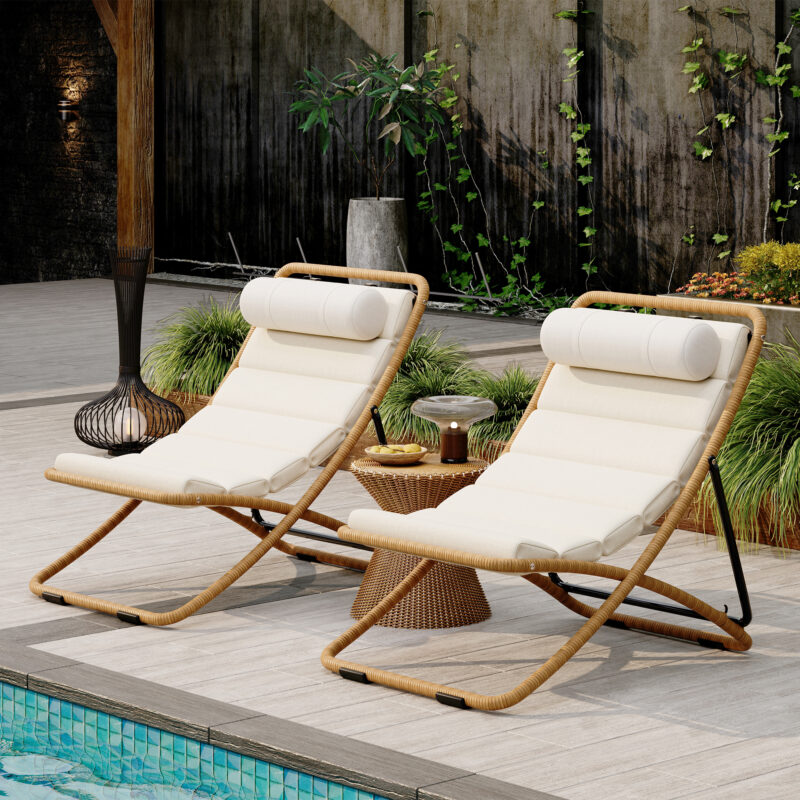 TREXM 2-Pieces Outdoor Folding Chair, Rattan-Wrapped Patio Chair with Adjustable Backrest, Thick Cushion, and Detachable Headrest ,for the Poolside, Beach, Backyard, Decck, and Camping - Image 8