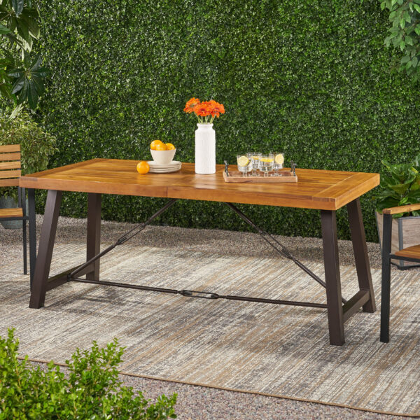 Outdoor Acacia Wood Metal Base Dining Table, Teak