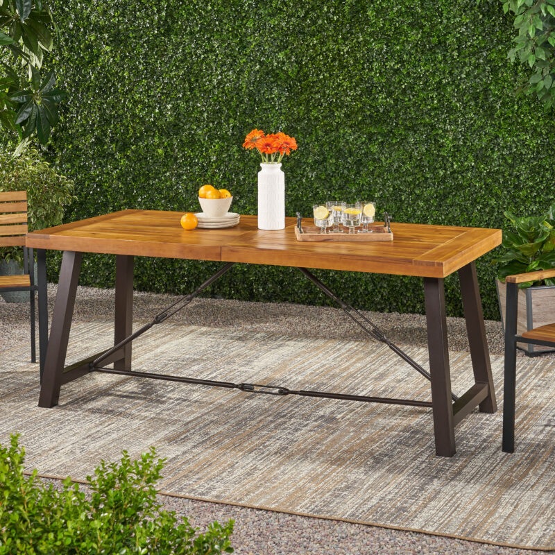 Outdoor Acacia Wood Metal Base Dining Table, Teak - Image 2