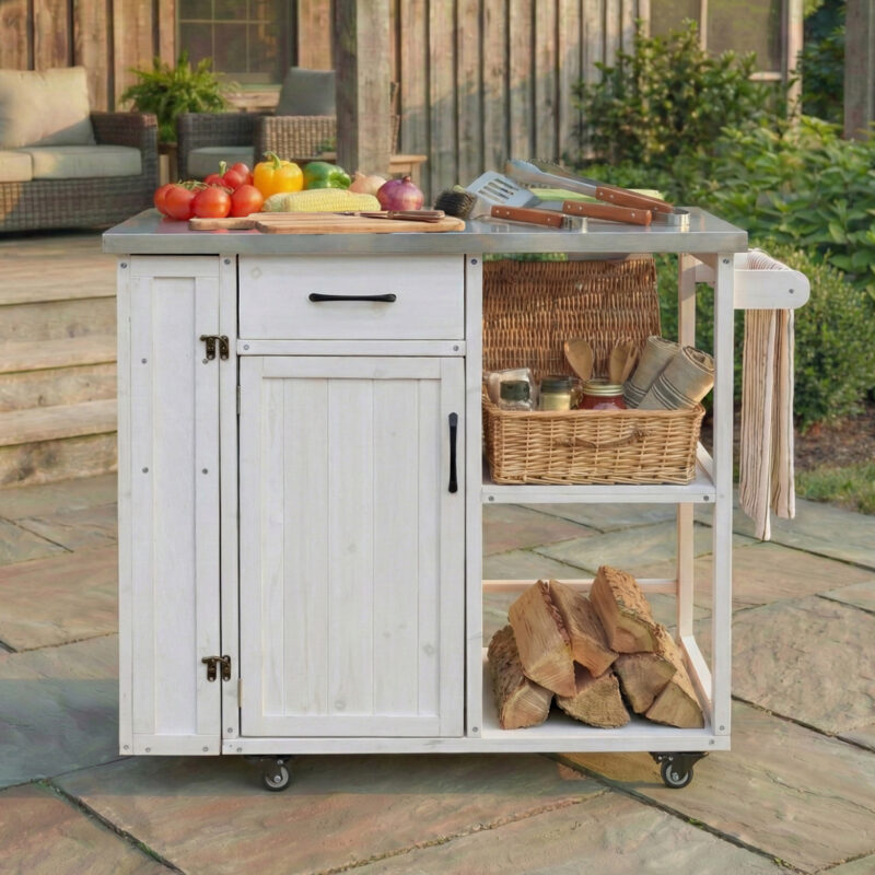 Outdoor Kitchen Island Fir Wood Prep Station Lockable Kitchen Cart with Stainless Top, Ample Storage Space, Towel and Spice Racks for Patio and Outdoor - Image 8