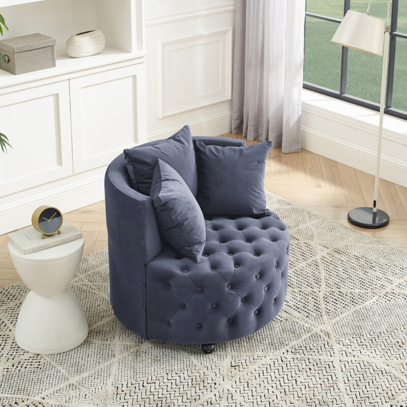 Velvet Upholstered Swivel Chair for Living Room, with Button Tufted Design and Movable Wheels, Including 3 Pillows - Image 10