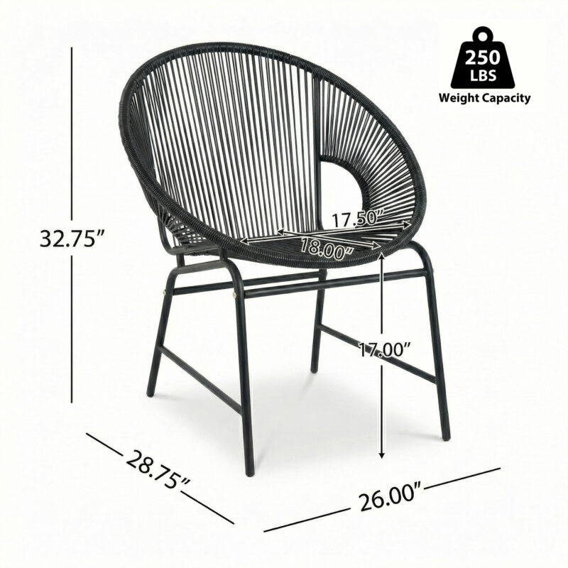 NUSA OUTDOOR PATIO WICKER CHAIR, BLACK PE RATTAN & IRON FRAME, SET OF 2 - Image 6