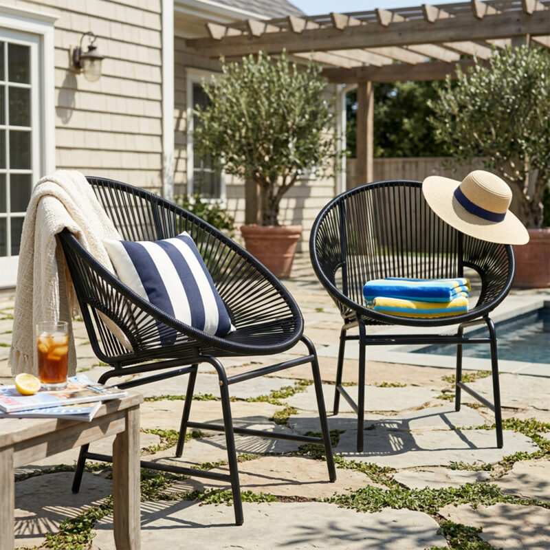 NUSA OUTDOOR PATIO WICKER CHAIR, BLACK PE RATTAN & IRON FRAME, SET OF 2 - Image 3