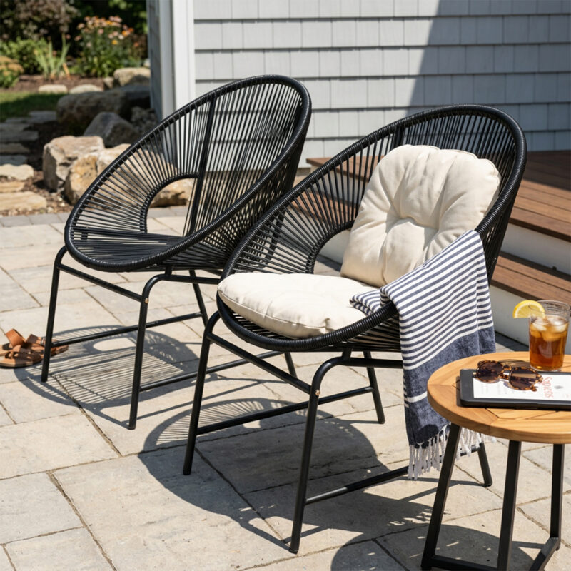 NUSA OUTDOOR PATIO WICKER CHAIR, BLACK PE RATTAN & IRON FRAME, SET OF 2 - Image 4