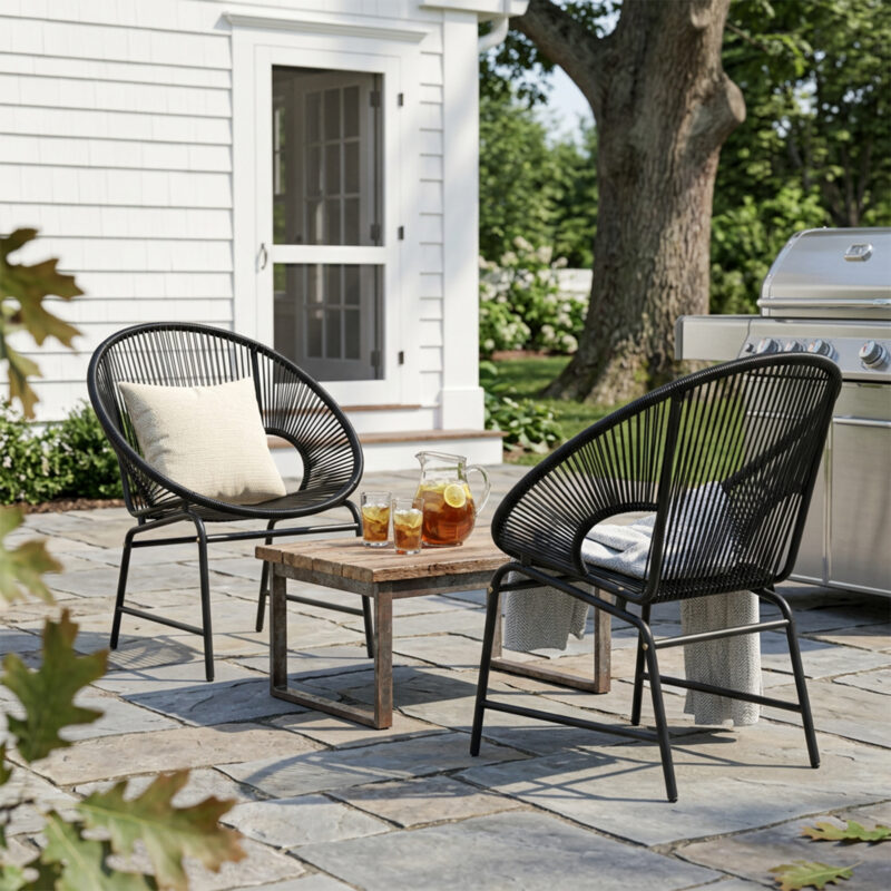 NUSA OUTDOOR PATIO WICKER CHAIR, BLACK PE RATTAN & IRON FRAME, SET OF 2 - Image 5
