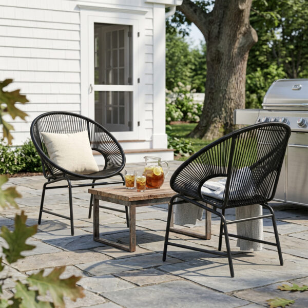 NUSA OUTDOOR PATIO WICKER CHAIR, BLACK PE RATTAN & IRON FRAME, SET OF 2
