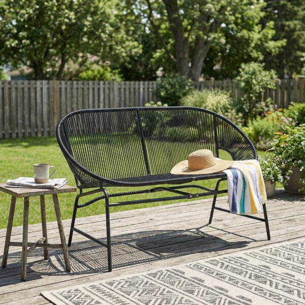 CONDESSA OUTDOOR PATIO WICKER LOVE SEAT, BLACK PE RATTAN & IRON FRAME, SET OF 1