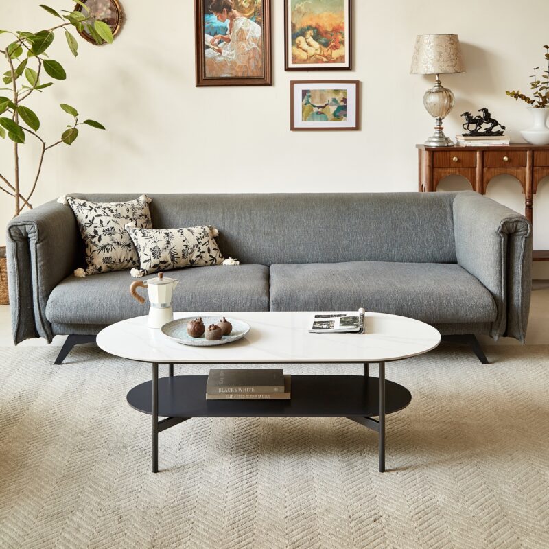 Coffee table ceramic Coffee Table, MDF painting Double Layer Coffee Table for Living Room, white ceramic and Coffee Brown Bottom Shelf - Image 7