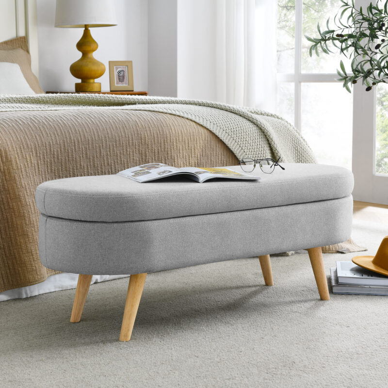 Ottoman Oval Storage Bench,Rubber Wood Legs, Beige(43.5"x16"x16") - Image 10