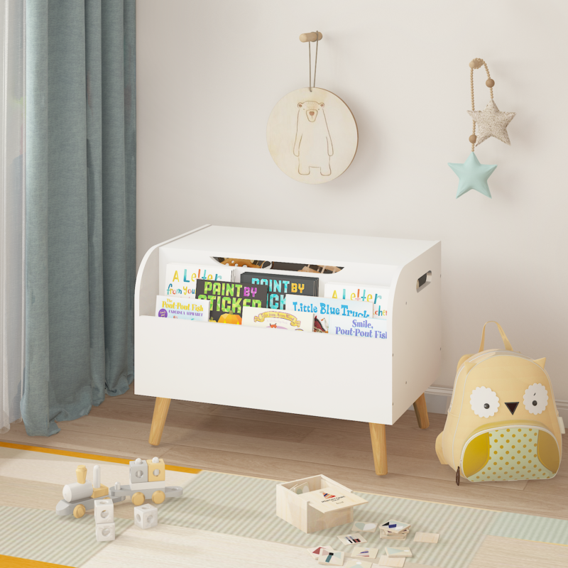 Wooden Toy Box, Kids Toy Storage Organizer with Front Bookshelf, Flip-Top Lid, Safety Hinge, Boys Girls Toy Chest Bench for Playroom Kids Room Organization (White) - Image 2