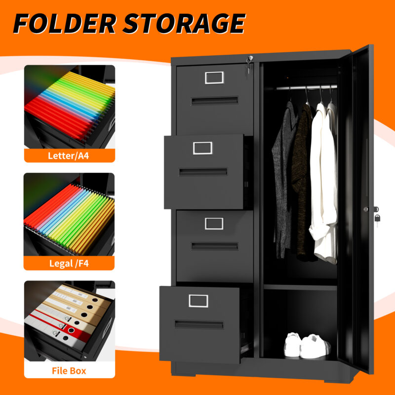 Metal Storage Vertical Filing Cabinet with Lock, Steel File Locker with 4 Drawers and 1 door for School, Living Room, Bedroom, Office (Black) - Image 8