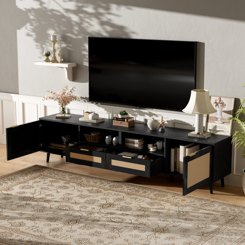 Rattan TV Stand for TVs up to 85'', Modern Farmhouse Media Console, Entertainment Center with Solid Wood Legs, TV Cabinet for Living Room,Home Theatre - Image 19