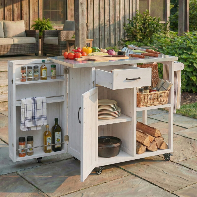 Outdoor Kitchen Island Fir Wood Prep Station Lockable Kitchen Cart with Stainless Top, Ample Storage Space, Towel and Spice Racks for Patio and Outdoor - Image 9