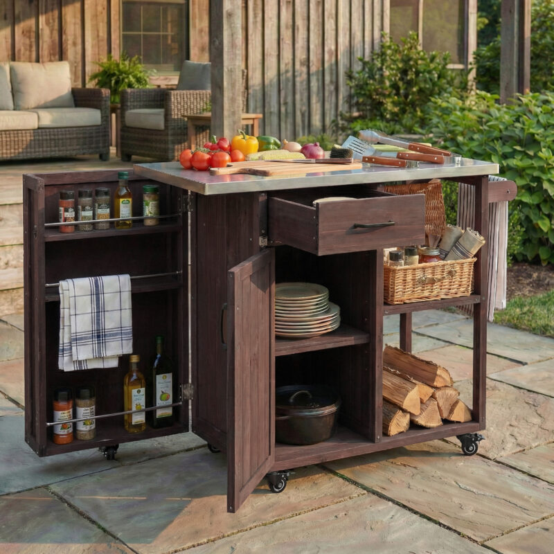 Outdoor Kitchen Island Fir Wood Prep Station Lockable Kitchen Cart with Stainless Top, Ample Storage Space, Towel and Spice Racks for Patio and Outdoor - Image 16