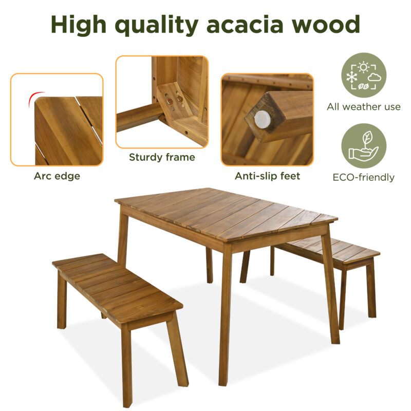 GO 3 Pieces Acacia Wood Table Bench Dining Set For Outdoor & Indoor Furniture With 2 Benches, Picnic Beer Table for Patio, Porch, Garden, Poolside, Natural - Image 9