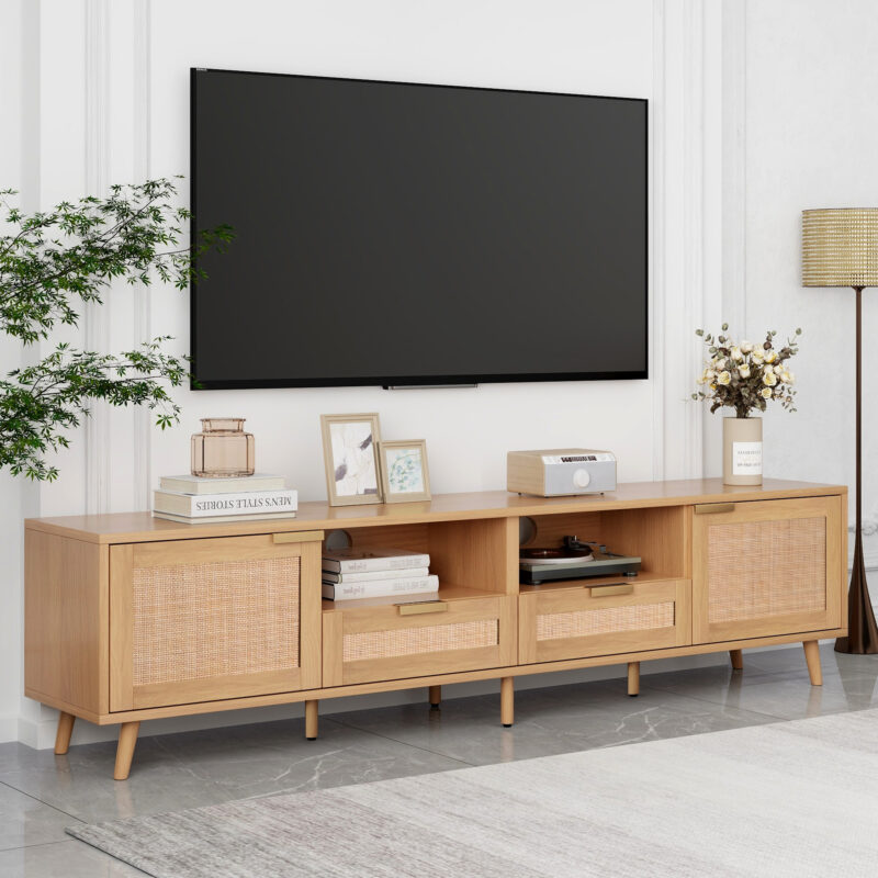 Rattan TV Stand for TVs up to 85'', Modern Farmhouse Media Console, Entertainment Center with Solid Wood Legs, TV Cabinet for Living Room,Home Theatre - Image 5